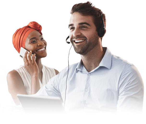 male customer care expert on a call with client