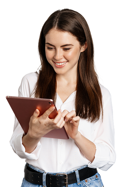 portrait-smiling-corporate-woman-looking-digital-tablet-working-standing-white-background (1) 1